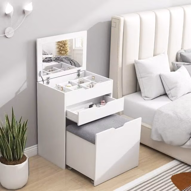 HOMCOM Dressing Table Set with Flip-up Mirror and Stool in White – 1