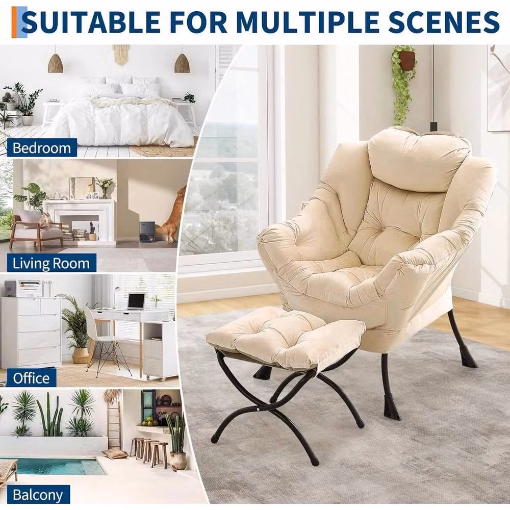 VOGREX Modern Dutch Velvet Fabric Armchair with Integrated Ottoman in Beige – 2