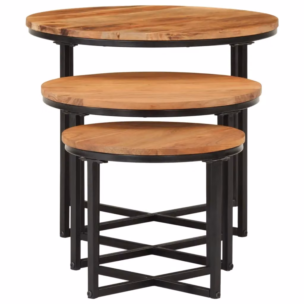 Berkfield Home Nesting Coffee Tables, 3 Piece Set in Brown Solid Acacia Wood and Iron – 3