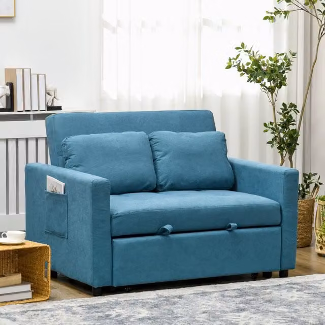 HOMCOM Blue Fabric 2 Seater Convertible Click-Clack Sofa Bed with Scatter Cushions