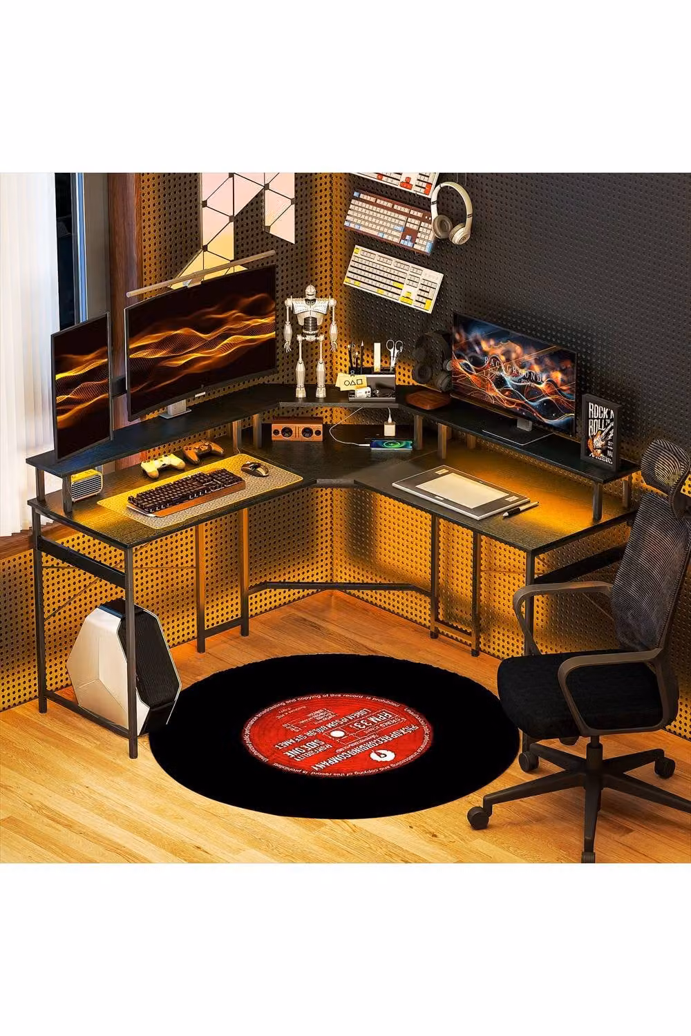 ERGOVEXA L-Shaped Corner Work Desk with LED Lights in Black – 3