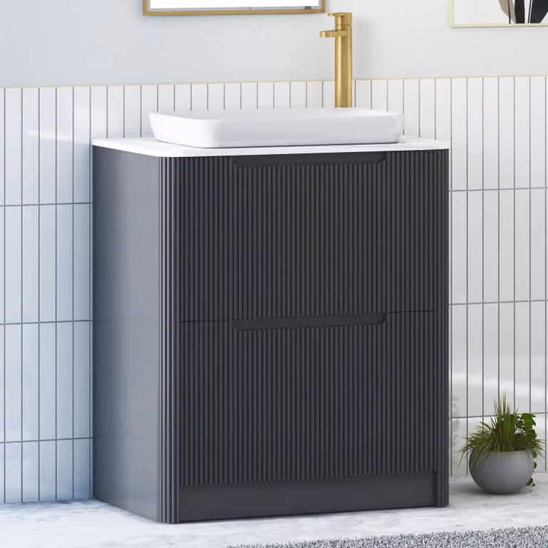 Royal Bathrooms Avenza Matt Obsidian Black Floor Standing 2 Drawer Vanity Unit with Qubix Basin, Width: 80 cm