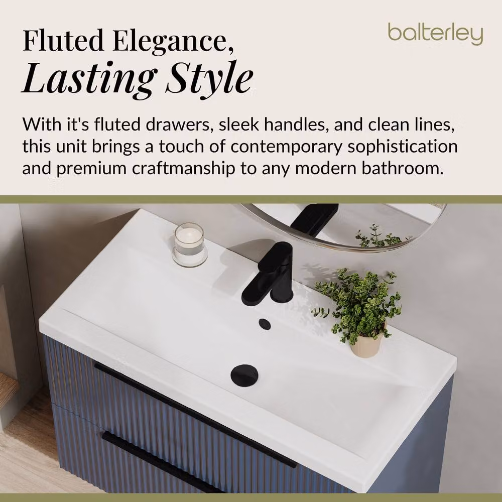Balterley Fluted Front Wall Hung 2 Drawer Vanity Basin Unit in Satin Blue, W: 80 cm, D: 54 cm – 3