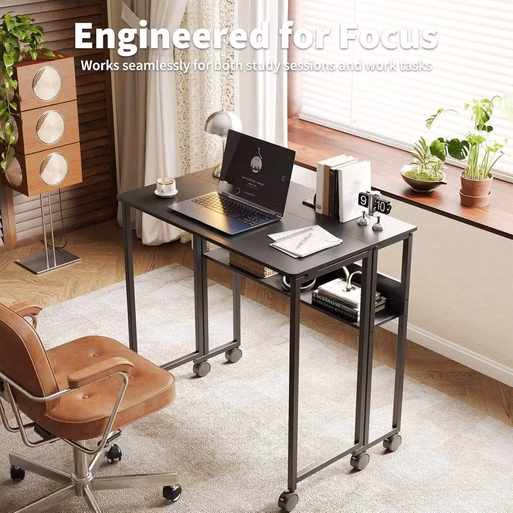 London Boutique Folding Computer Desk with Storage Shelf and Castors, Black – 6
