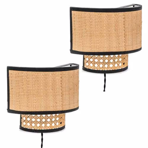 ValueLights Pair of Plug-in Rattan Cylinder Wall Lights in Brown and Black – 1