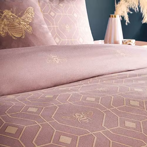 Furn Bee Deco Reversible Geometric Duvet Cover and Pillowcase Set in Pink and Gold – 3