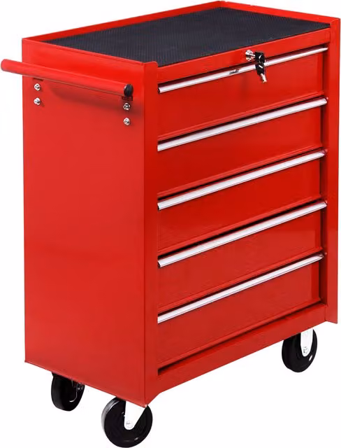 HOMCOM Red Steel 5 Drawer Lockable Tool Box on Wheels with Side Handle