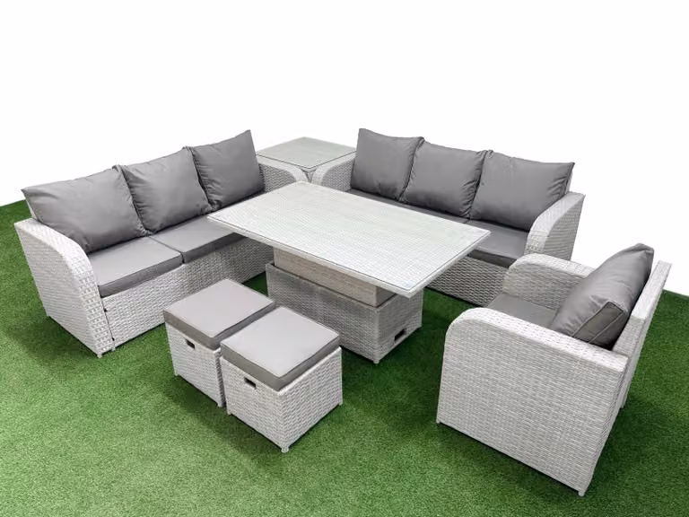 Fimous 9 Seater Poly Rattan Outdoor Garden Furniture Set in Grey with Adjustable Lifting Dining or Coffee Table, 3 Seater Sofa and 3 Reclining Chairs
