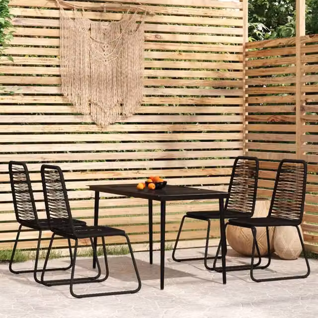 Berkfield Home 5 Piece Modern Garden Dining Set in Black Matt Rattan, Metal and Glass – 1