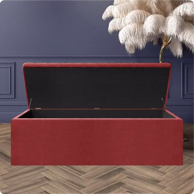 R&M Furnishers Red Striped Plush Velvet Upholstered Blanket Chest and End of Bed Bench