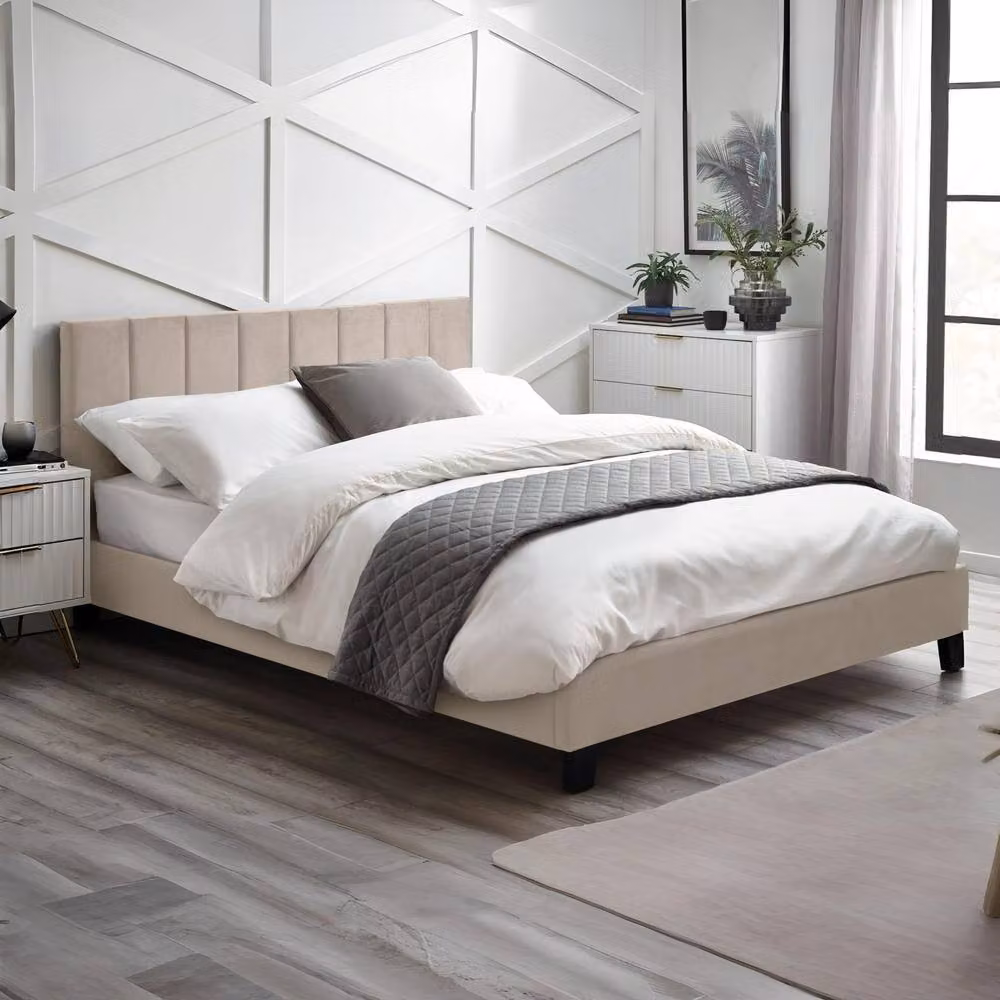Cheshire Modern Upholstered Velvet Bed in Beige, Single (W: 90 cm, L: 200 cm) – 2