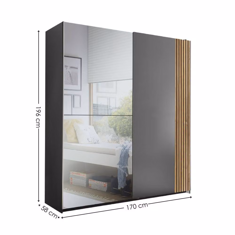 Cheshire Premium Nova 2 Door Sliding Mirrored Wardrobe in Light Oak and Dark Grey, H 196 cm x W 170 cm – 4
