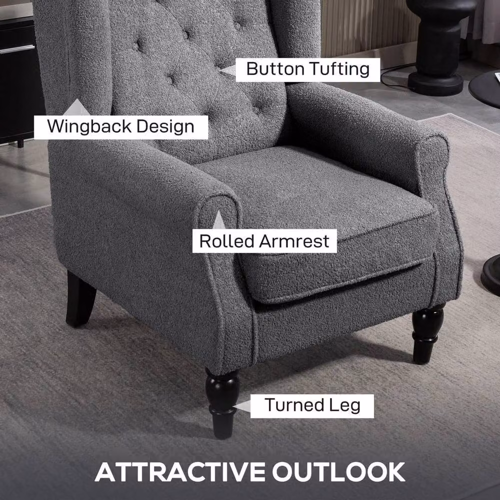 NESTLUNE Retro Tufted Accent Armchair in Grey with Solid Wood Frame, W: 100 cm, D: 60 cm – 3
