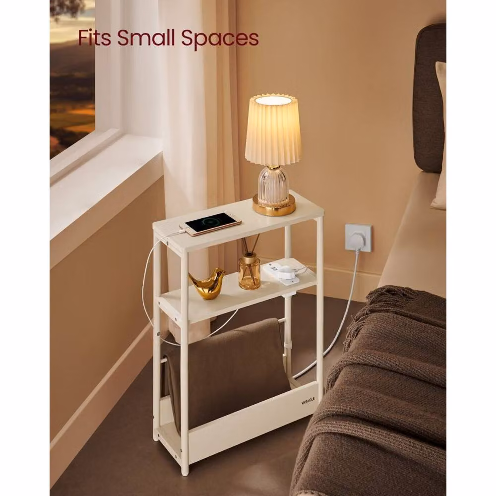 The Bazaarist Slim Nightstand with Charging Station and Magazine Rack, White and Beige, W/D/H: 58.0 x 45.0 x 0 cm – 3