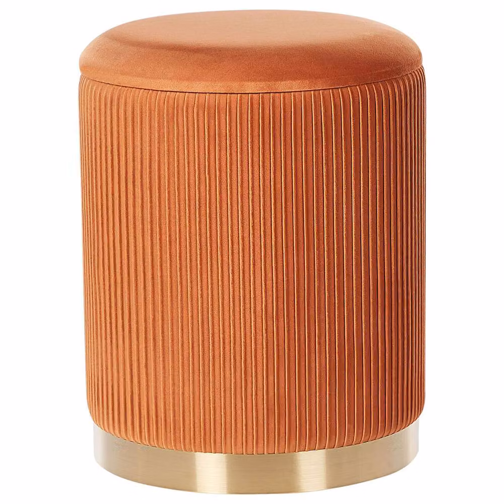 Wyld and Coco Set of 2 Orange Velvet Cylindrical Storage Pouffes with Gold Metal Base – 4