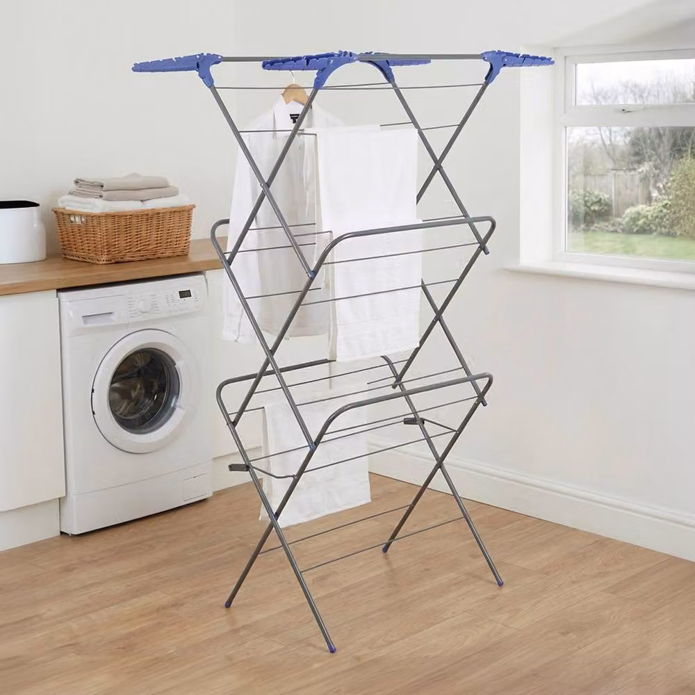 DELCASA 3 Tier Foldable Clothes Airer with Hooks, 15m Drying Capacity, Black – 2