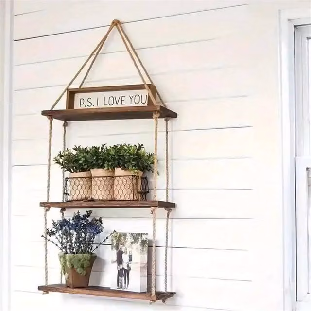 KORVIXA 3-Layer Bohemian Handmade Woven Hanging Wall Shelves in Brown