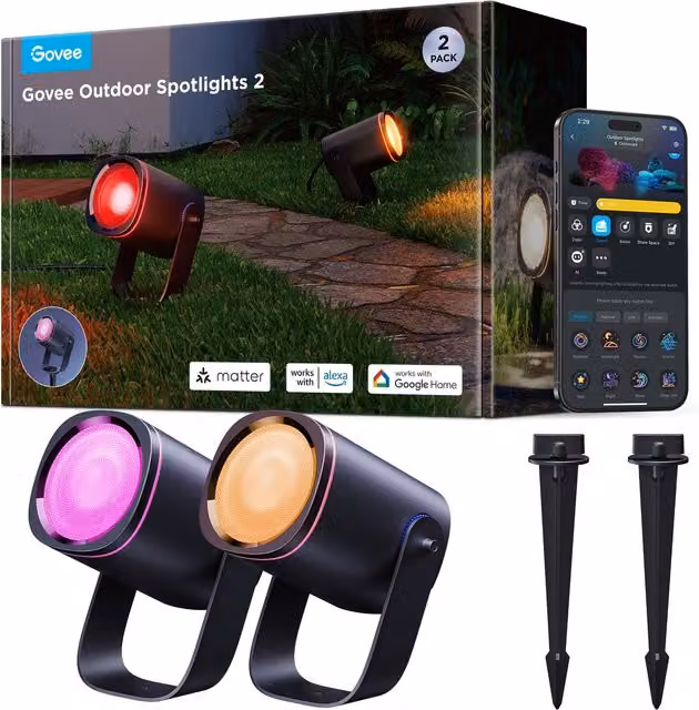 Govee RGBIC LED Outdoor Spotlights Pack of 2, Black Aluminium Floodlights with IP67 Waterproof Rating