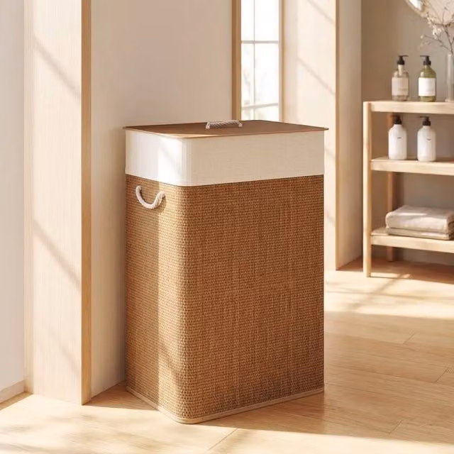 STILVORA 72L Bamboo Laundry Basket with Lid and Washable Liner in Brown