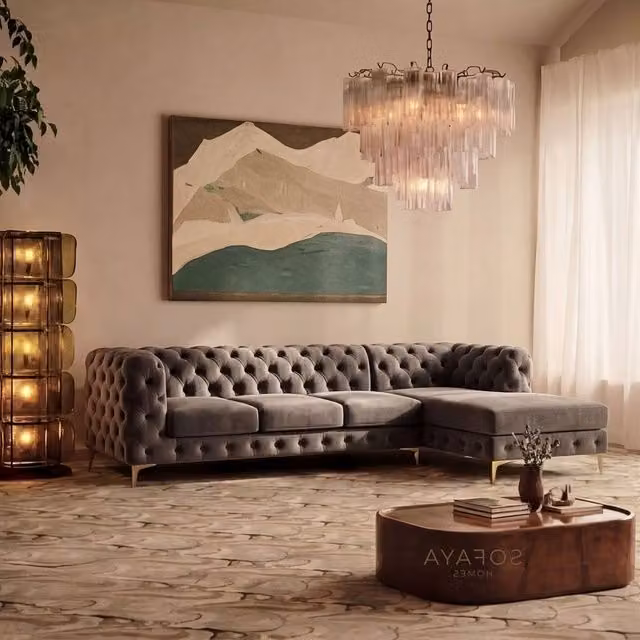 Sofaya Monaco Chesterfield 4 Seater L-Shaped Sofa in Grey Velvet with Right Hand Chaise