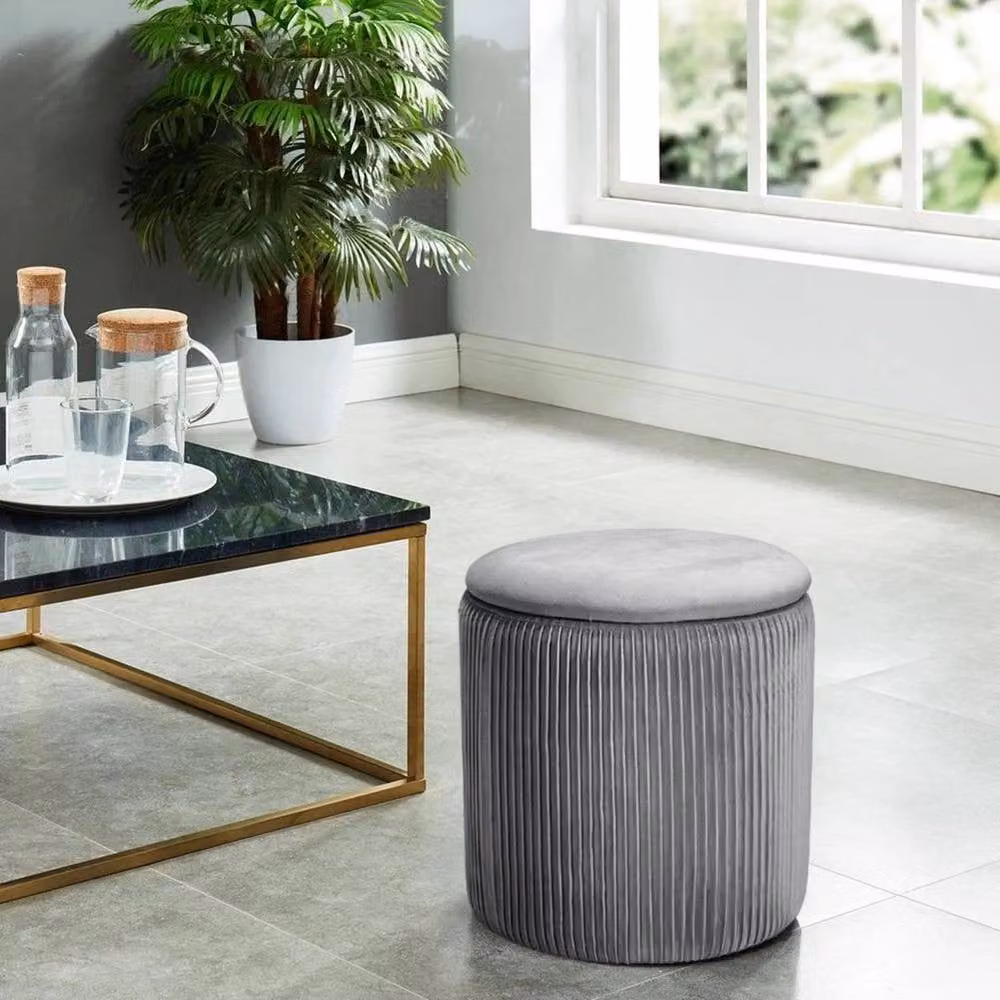 KORVIXA Grey Velvet Pleated Padded Ottoman Storage Stool with Wood Frame, Diameter: 100 cm – 3