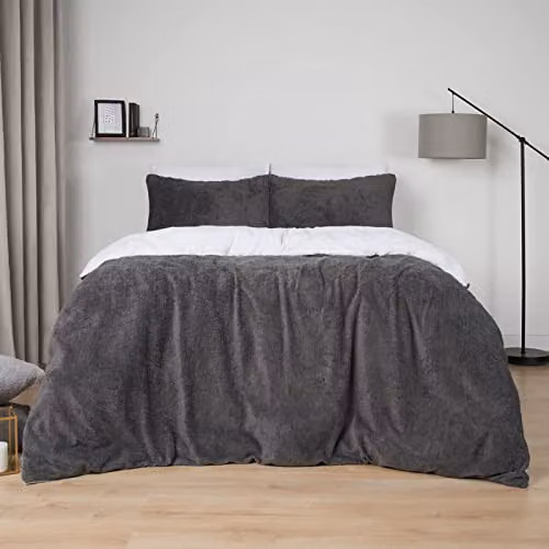 Brentfords Reversible Teddy Fleece Duvet Cover and Pillowcase Set, White and Grey, 180 x 200 cm – 1