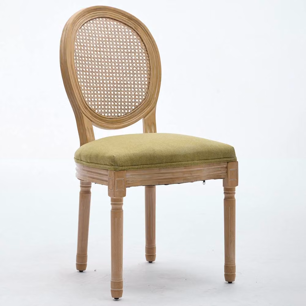 HomeTouch Set of 6 French Style Rattan Back Dining Chairs in Light Green with Linen Fabric – 2