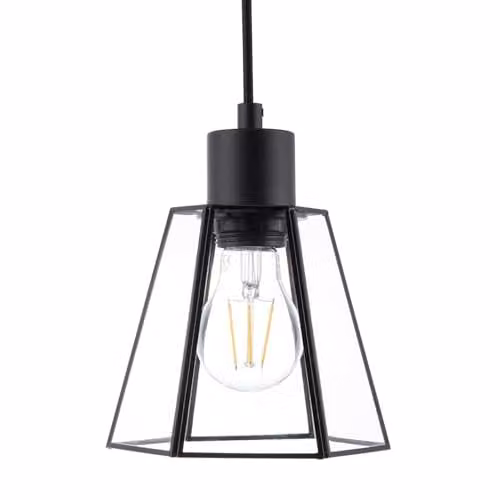 Happy Homewares Industrial Hexagonal Lantern Pendant Lamp Shade with Transparent Glass Panels in Black, W/D/H: 14 x 16 x 16 cm