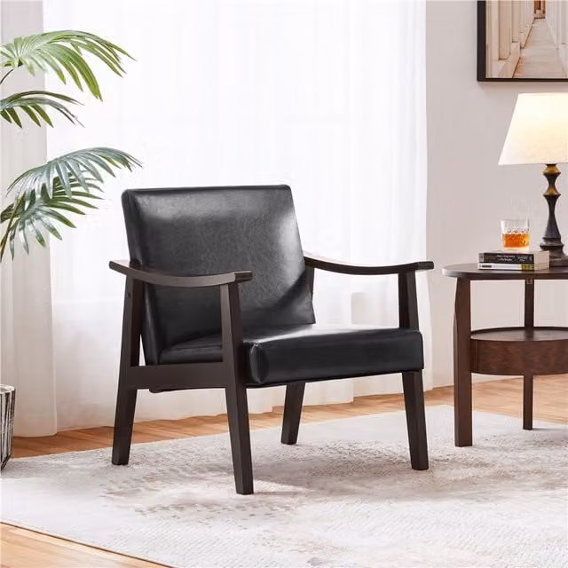 Yaheetech Mid-Century Upholstered Accent Armchair with Synthetic Leather and Solid Wood Legs, Black