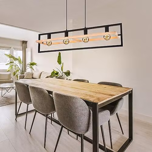 Globo Lighting Industrial Bar Pendant Light in Dark Brown Wood and Black Metal, 4x E27, L 98 x W 20 x H 150 cm – 2