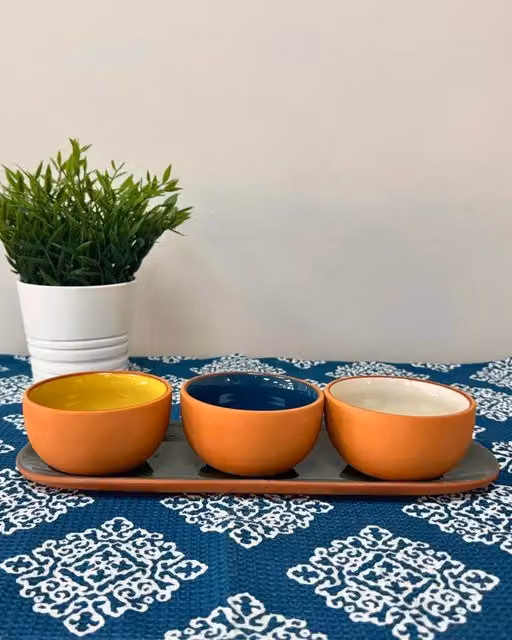 Dexam Sintra Glazed Terracotta Set of 3 Multicolour Round Ceramic Snack Bowls