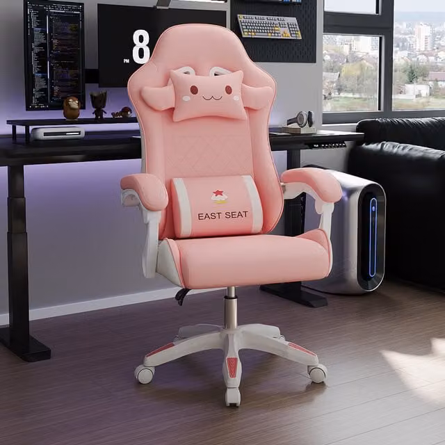 Livingandhome Pink Sporty Gaming Chair with Headrest and Synthetic Leather