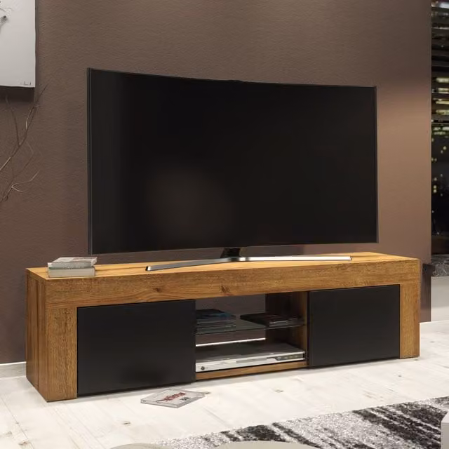 Creative Furniture Loom Modern TV Unit in Oak with Black Matt Doors, W: 130 cm, D: 35 cm, H: 35 cm