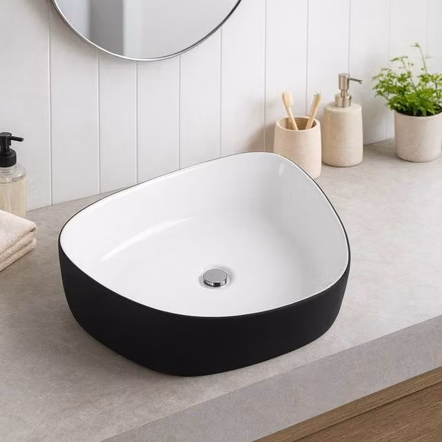 Bathroom Kingdom Orca Asymmetric Ceramic Countertop Basin in Black and White, Width: 41 cm