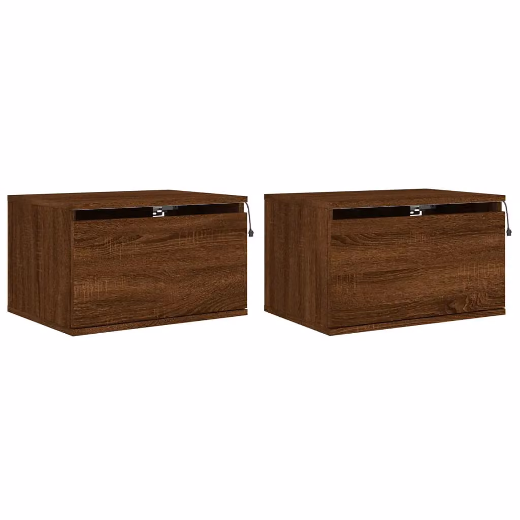 Berkfield Home Set of 2 Modern Wall-mounted Bedside Cabinets with Integrated LED Lights in Brown Oak – 2