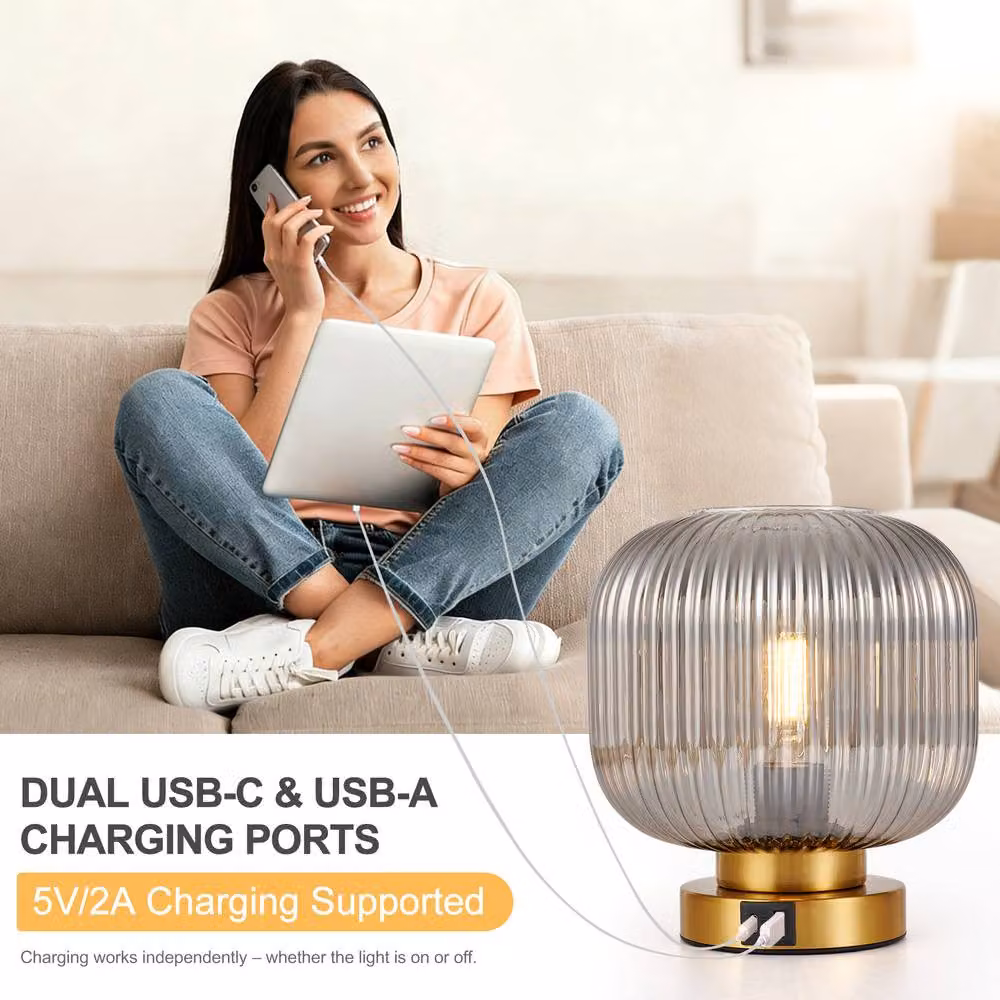 Harper Living Dimmable Touch Control Table Lamp with Smoked Grey Glass Shade and Gold Brass Base, E27 Socket – 5