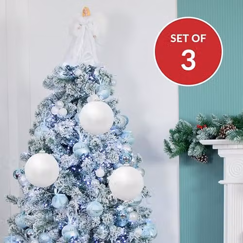 The Christmas Workshop Set of 3 Classic Matt Round Baubles in Silver and White, Diameter: 15 cm – 3