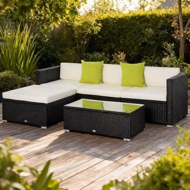 ERGOVEXA 4-Seater Black Rattan L-Shape Garden Sectional Sofa Set with Upholstered Cushions and Coffee Table