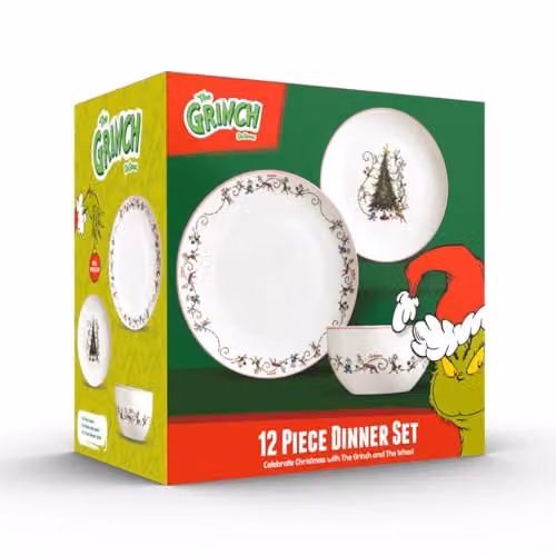The Grinch Dr. Seuss Collection 12-Piece Porcelain Dinner Set in Green and White with Christmas Festive Pattern