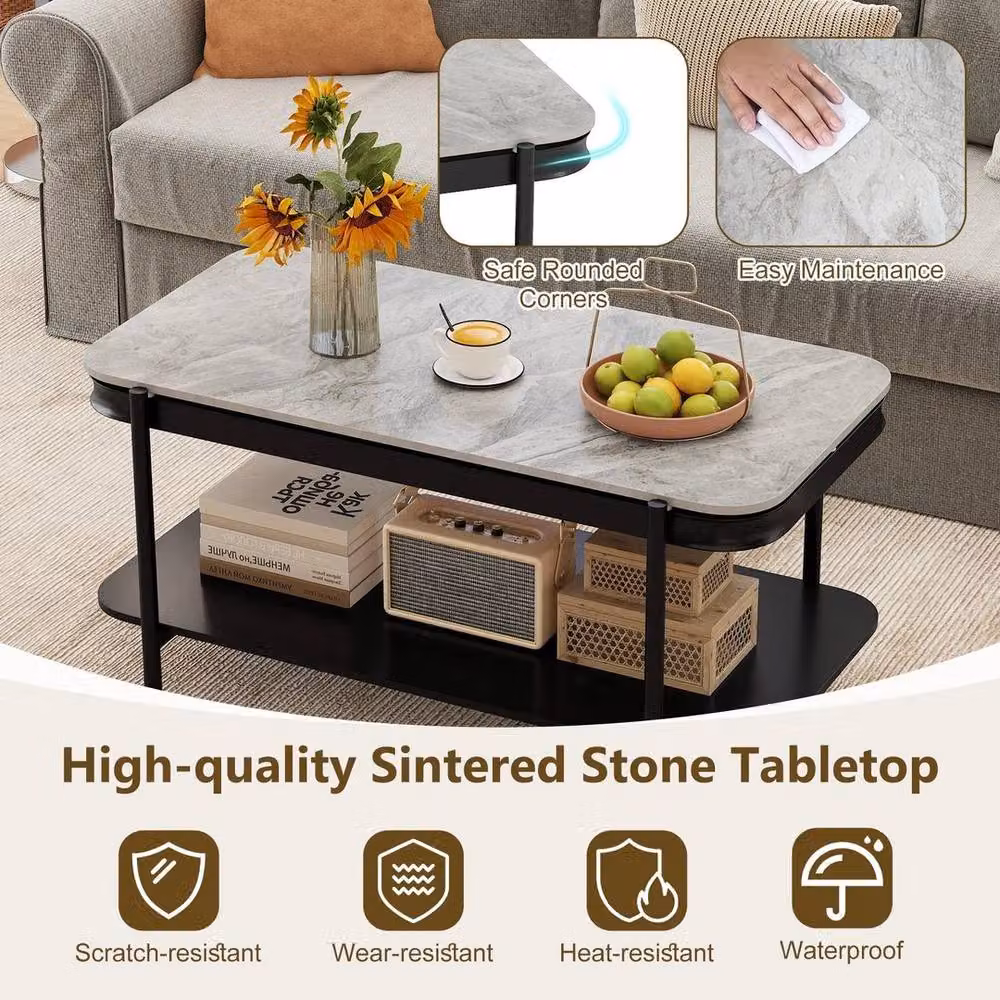 Kelvenix Modern Rectangular 2-Tier Ceramic Coffee Table in Grey – 3