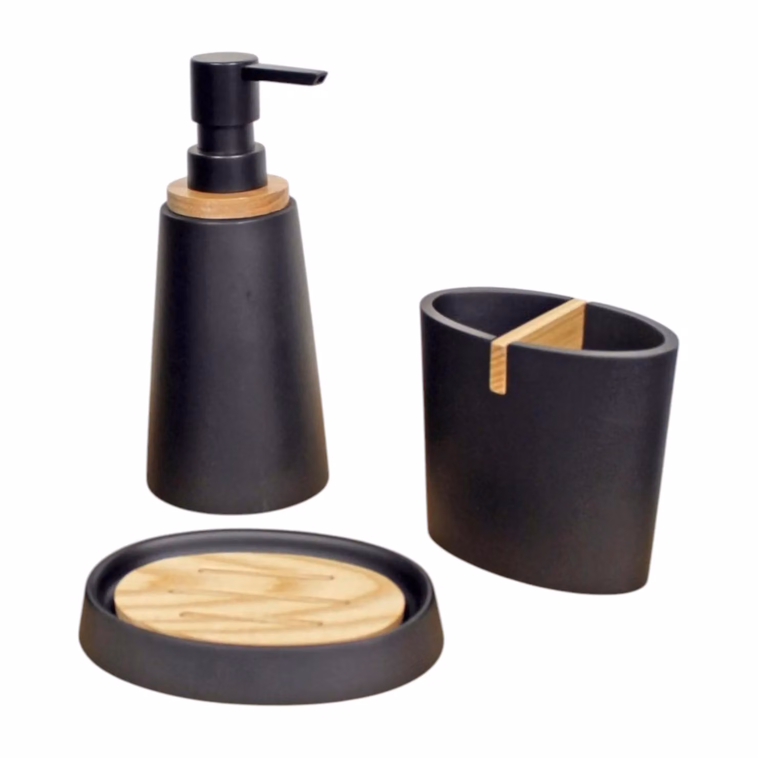 Showerdrape Sonata 3 Piece Black and Bamboo Bathroom Accessory Set including Soap Dish, Soap Dispenser and Toothbrush Holder – 4