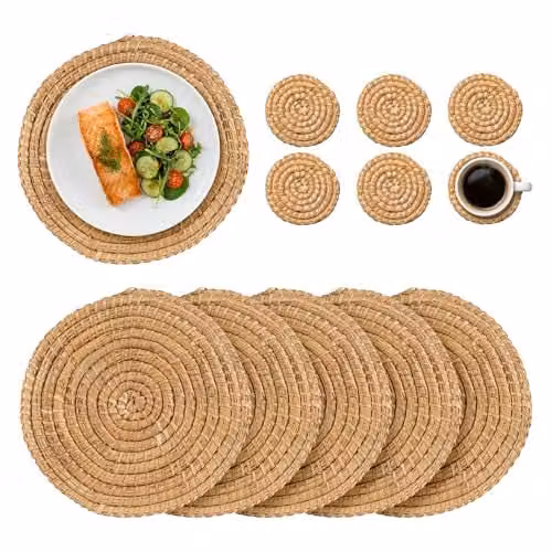 Argon Tableware 12pc Round Woven Palm Leaf Placemats and Coasters Set in Brown – 1