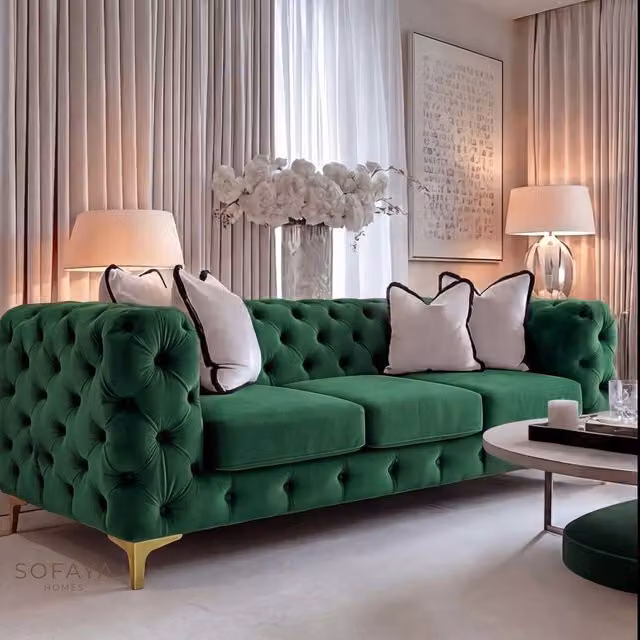 Sofaya Monaco Chesterfield Velvet 3+2 Seater Sofa Set in Green