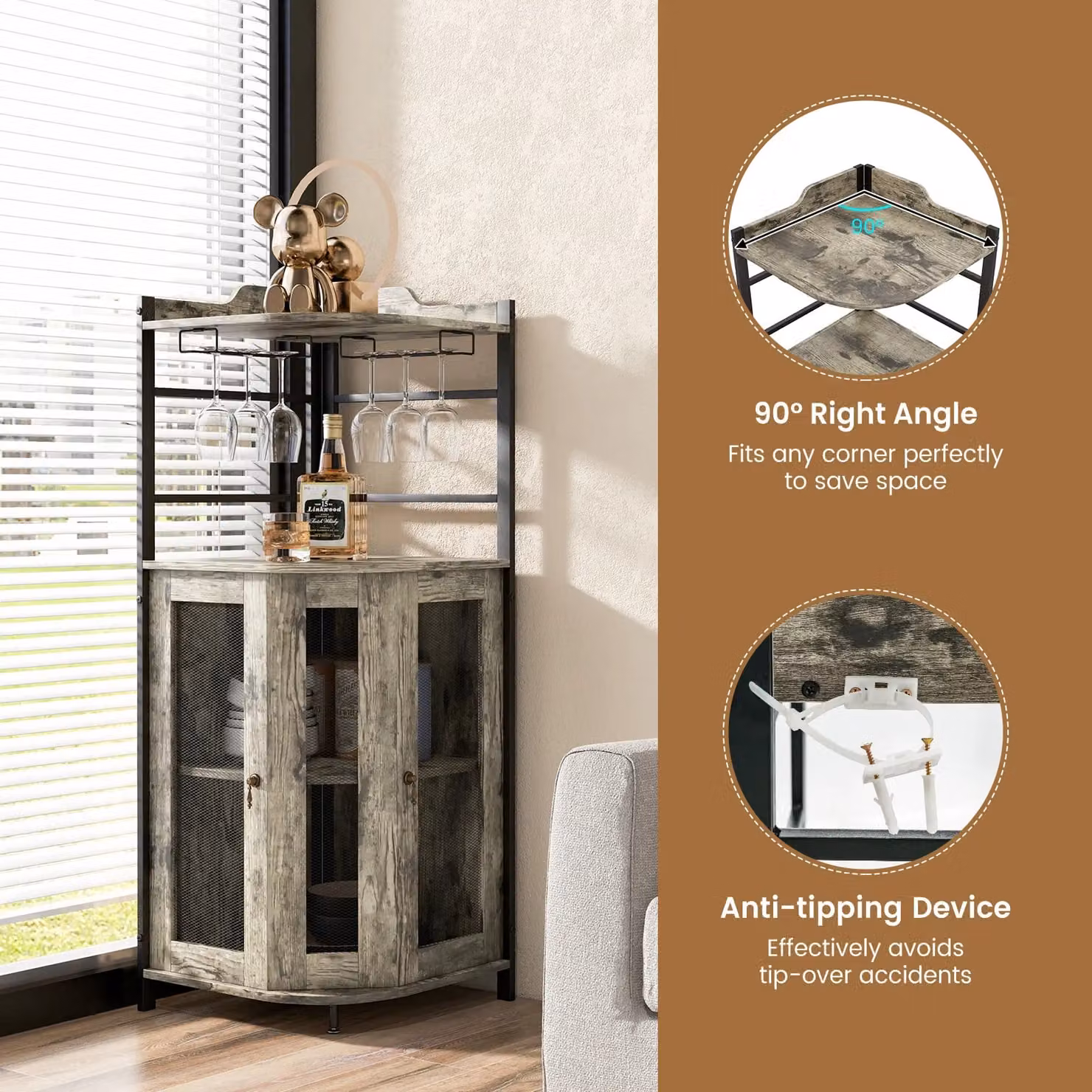 Costway Industrial Corner Bar Cabinet with Glass Holder and Mesh Doors in Brown – 6