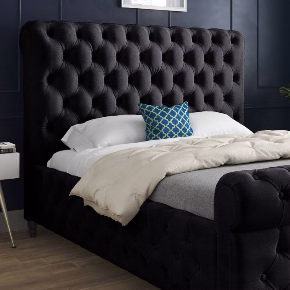 Casani Stenton Sleigh Upholstered Designer Bed Frame in Black Velvet, W/D/H: 200 x 189 x 119 cm – 3