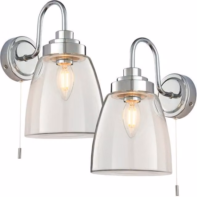 Loops 2 Pack IP44 Modern Bathroom Wall Lights in Chrome with Transparent Domed Glass