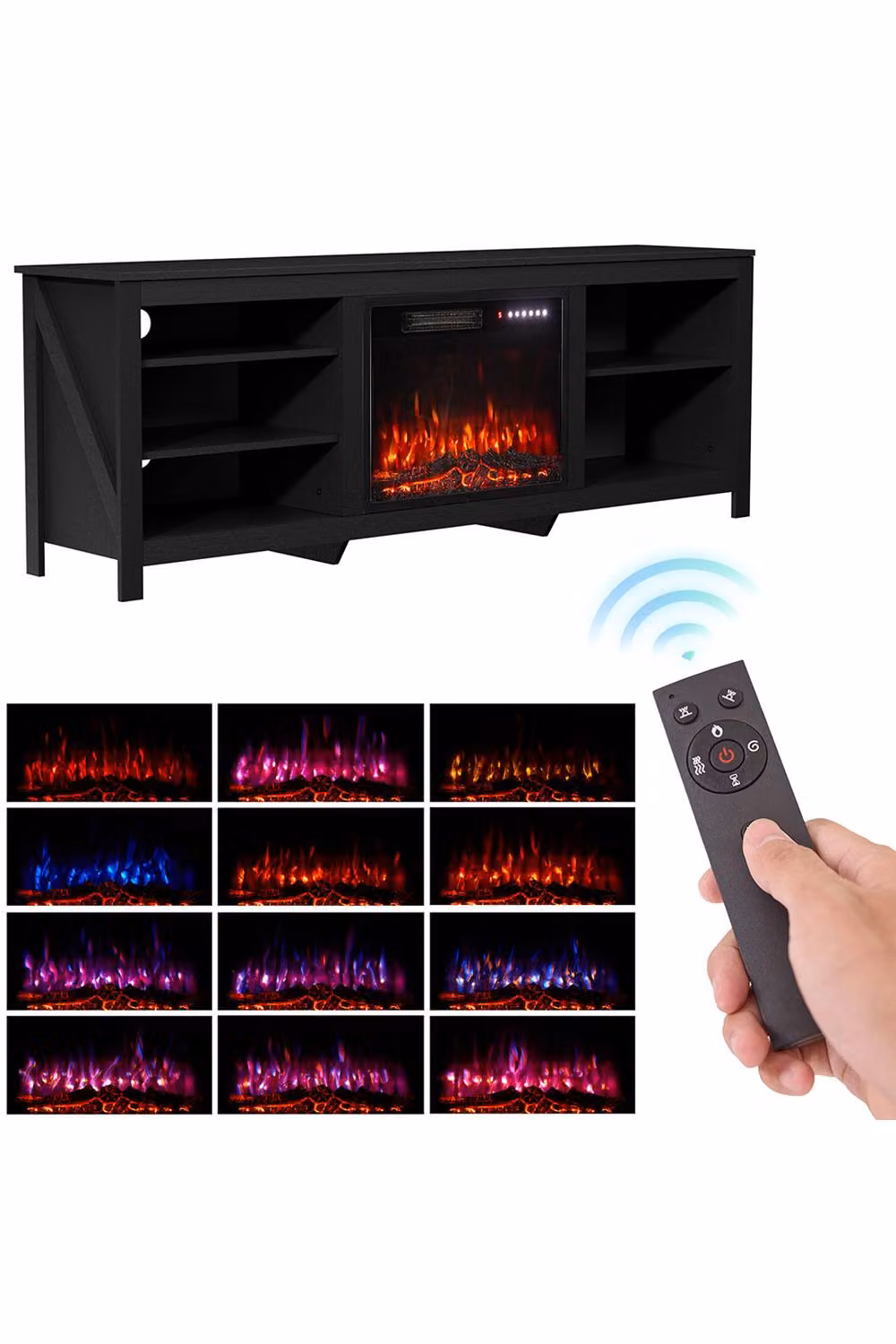 Living and Home Modern 2-in-1 Electric Fireplace TV Stand with Remote and 12 Flame Colours, Black – 3