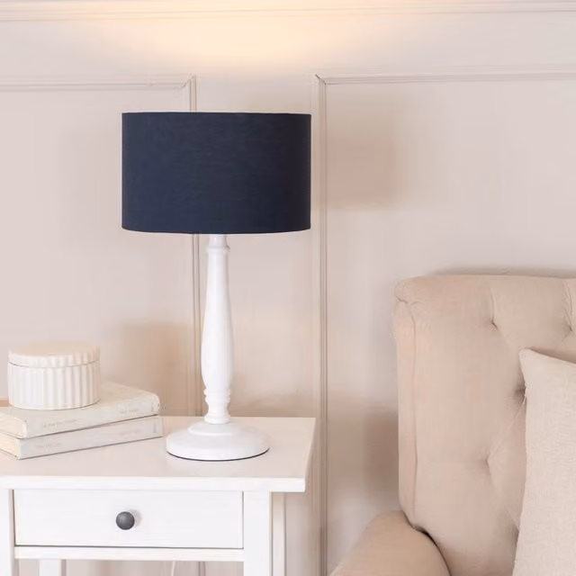 ValueLights Victoria Traditional White Wood Stem Table Lamp with Navy Blue Fabric Drum Shade