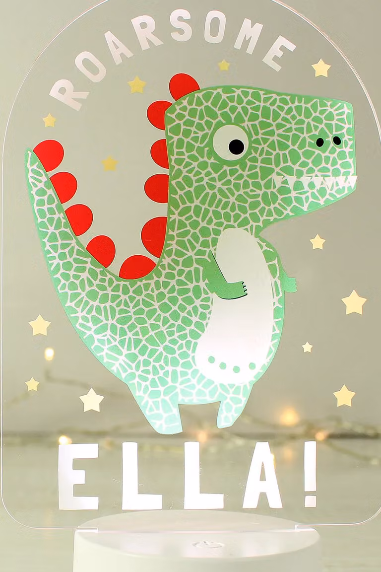 Personalised Memento Company Men's Roarsome Dinosaur LED Colour Changing Night Light in Clear, W/D/H: 19.0 x 13.5 x 13.5 cm