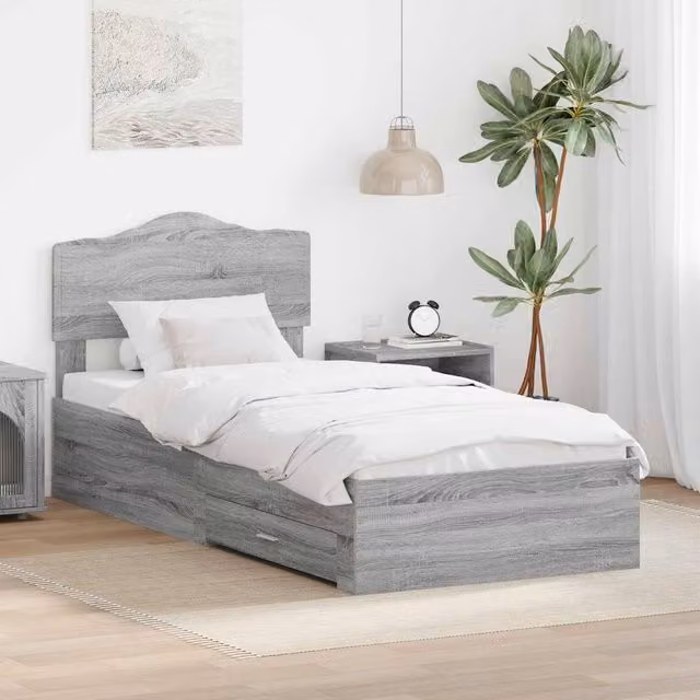 Berkfield Home Modern Bed Frame with Drawer in Grey Sonoma, Engineered Wood, W/D/H: 90 x 190 cm – 1